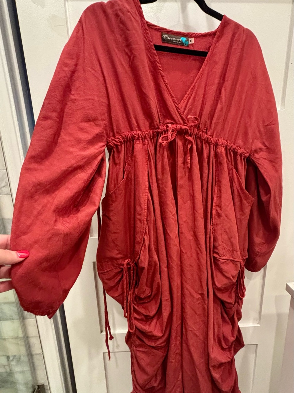 Boho V-Neck Maxi Dress in Rust Red Lagenlook Handmade
